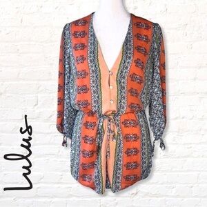 Lulu’s 3/4 Sleeve Coral Floral Romper Size Small Boho Chic